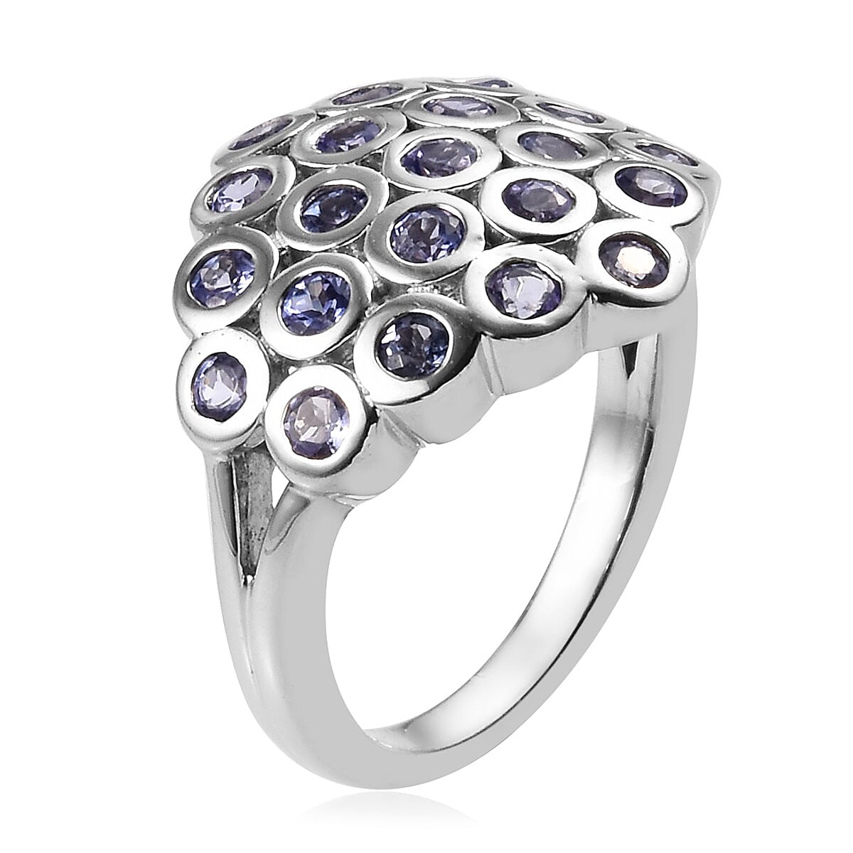 Tanzanite (Rnd) Circle Cluster Dome Ring in Platinum Overlay Sterling Silver 1.50 Ct.