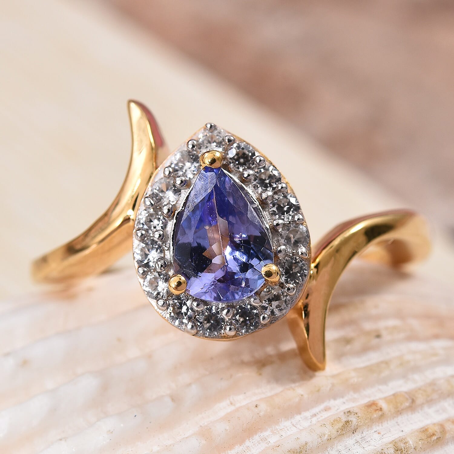 Tanzanite (Pear), Natural Cambodian Zircon Ring in 14K Gold Overlay Sterling Silver 1.00 Ct.