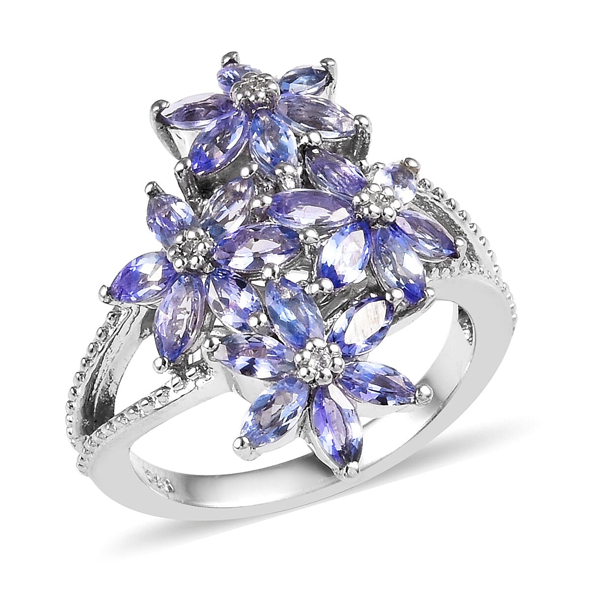 Tanzanite (Mrq), Natural Cambodian White Zircon Floral Cluster Ring in Platinum Overlay Sterling Silver 1.75 Ct.