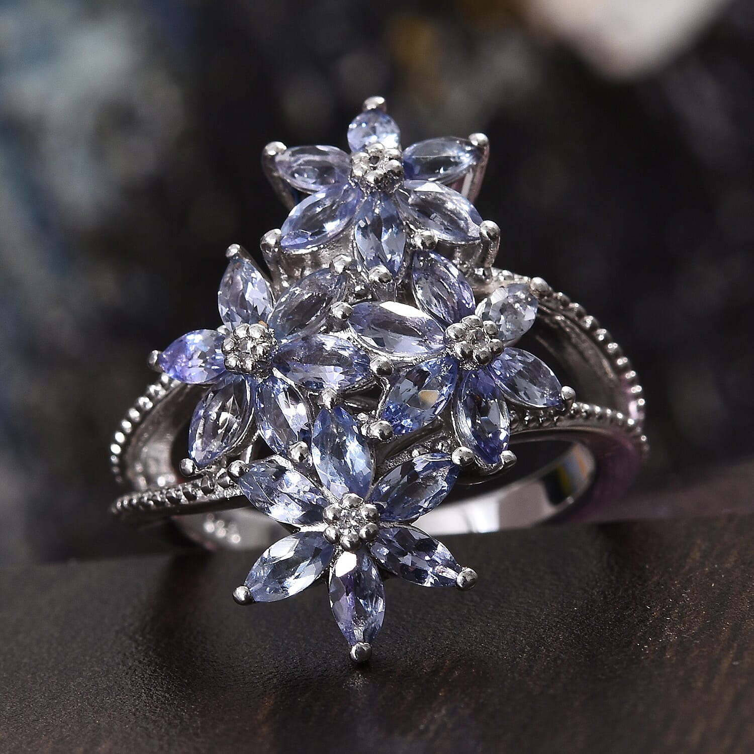 Tanzanite (Mrq), Natural Cambodian White Zircon Floral Cluster Ring in Platinum Overlay Sterling Silver 1.75 Ct.