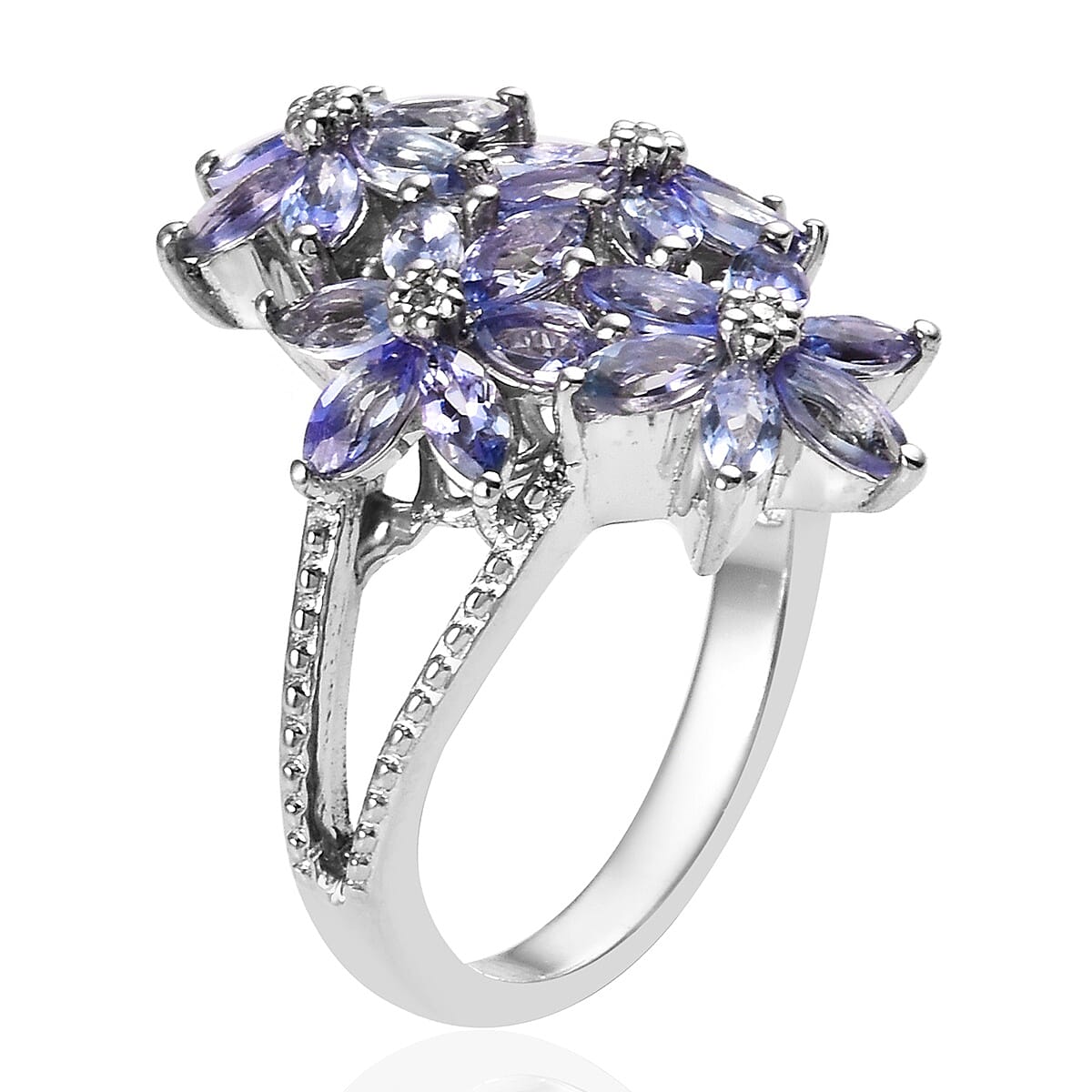 Tanzanite (Mrq), Natural Cambodian White Zircon Floral Cluster Ring in Platinum Overlay Sterling Silver 1.75 Ct.