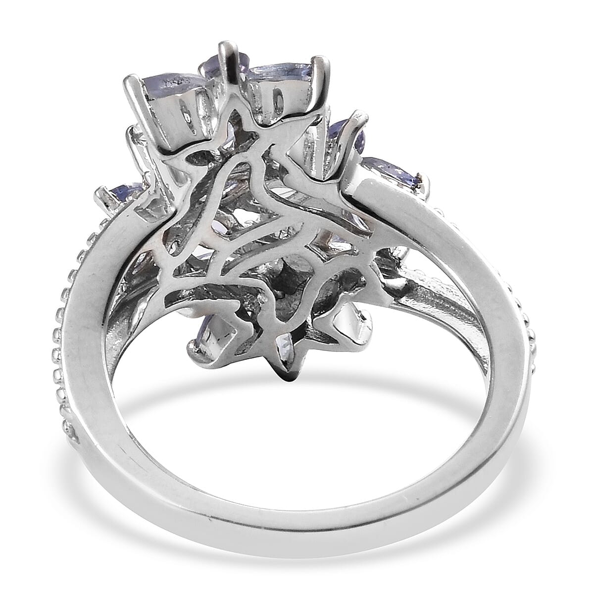 Tanzanite (Mrq), Natural Cambodian White Zircon Floral Cluster Ring in Platinum Overlay Sterling Silver 1.75 Ct.
