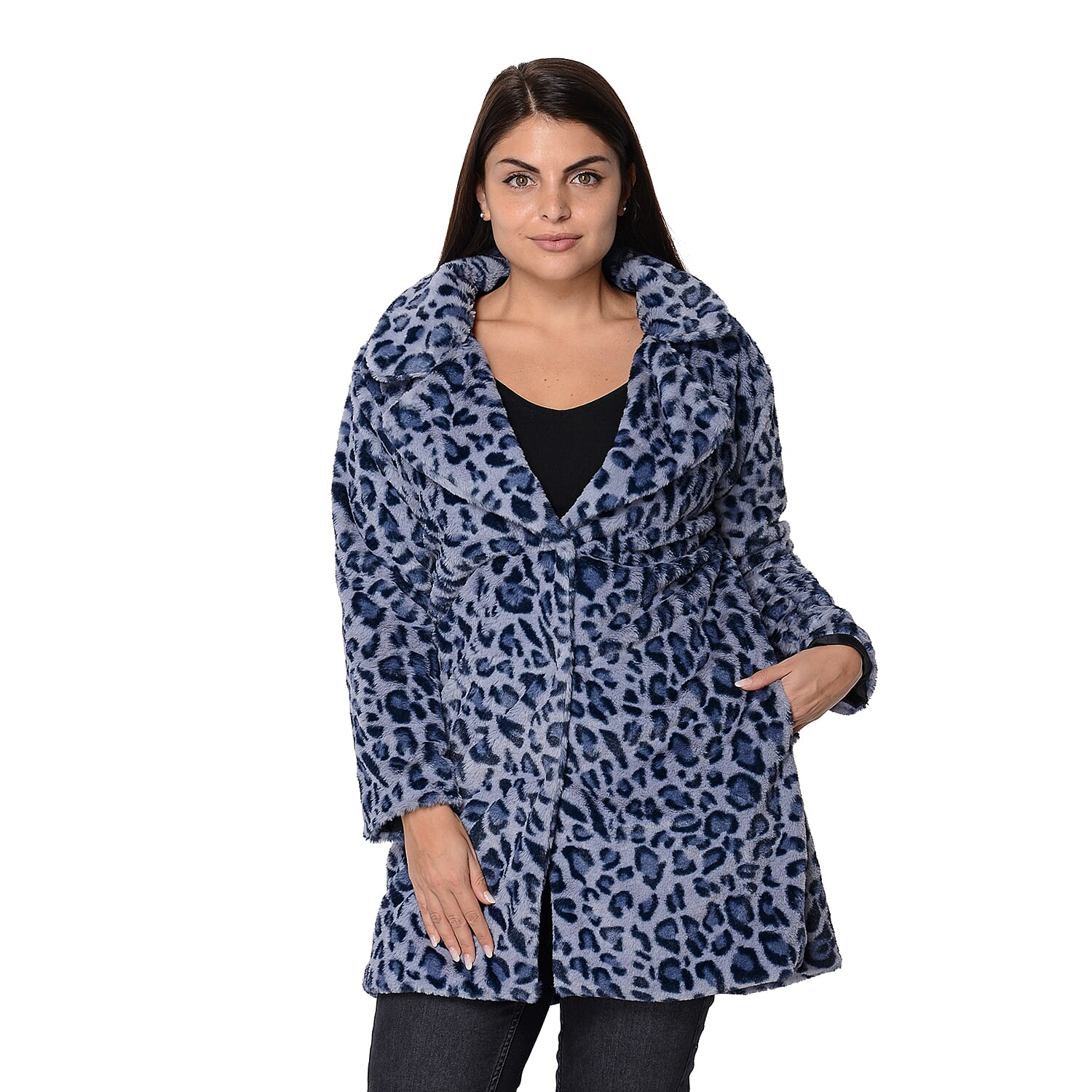 Leopard Print Faux Fur Winter Long Sleeve Coat in Blue and Grey