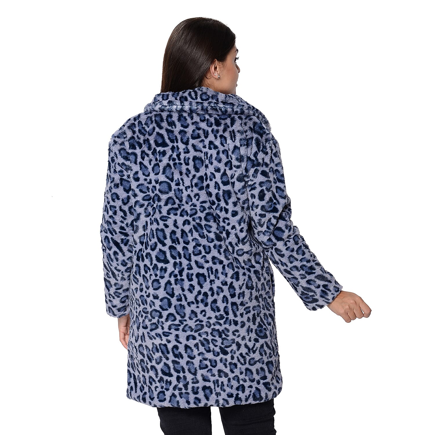 Leopard Print Faux Fur Winter Long Sleeve Coat in Blue and Grey