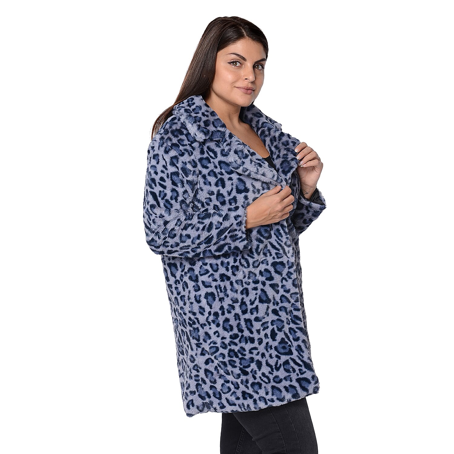 Leopard Print Faux Fur Winter Long Sleeve Coat in Blue and Grey