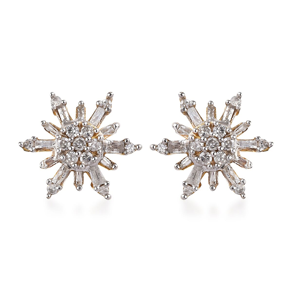 Diamond (Bgt and Rnd) Starbust Earrings (with Push Back) in 14K Gold Overlay Sterling Silver 0.330 Ct.