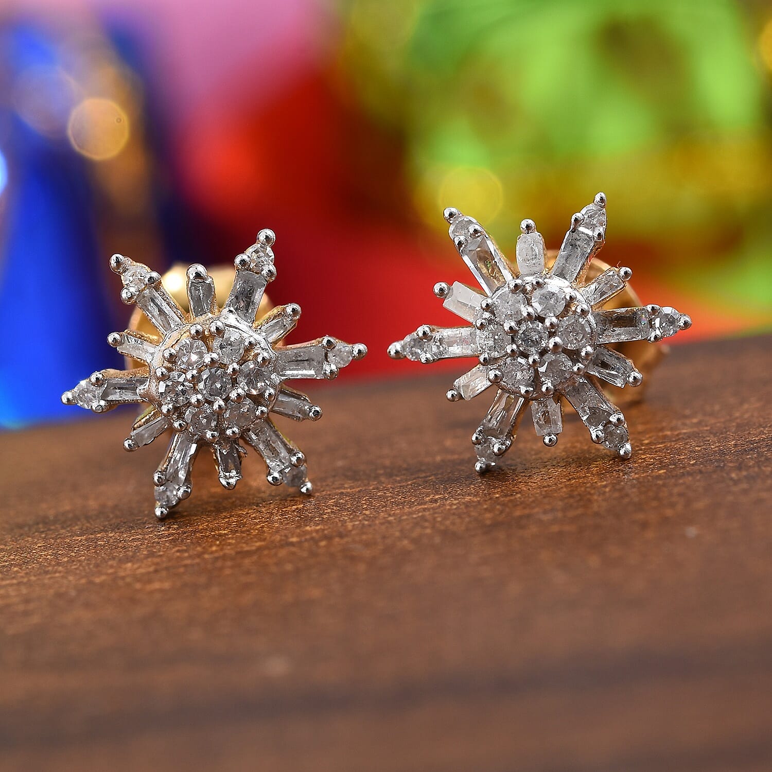 Diamond (Bgt and Rnd) Starbust Earrings (with Push Back) in 14K Gold Overlay Sterling Silver 0.330 Ct.