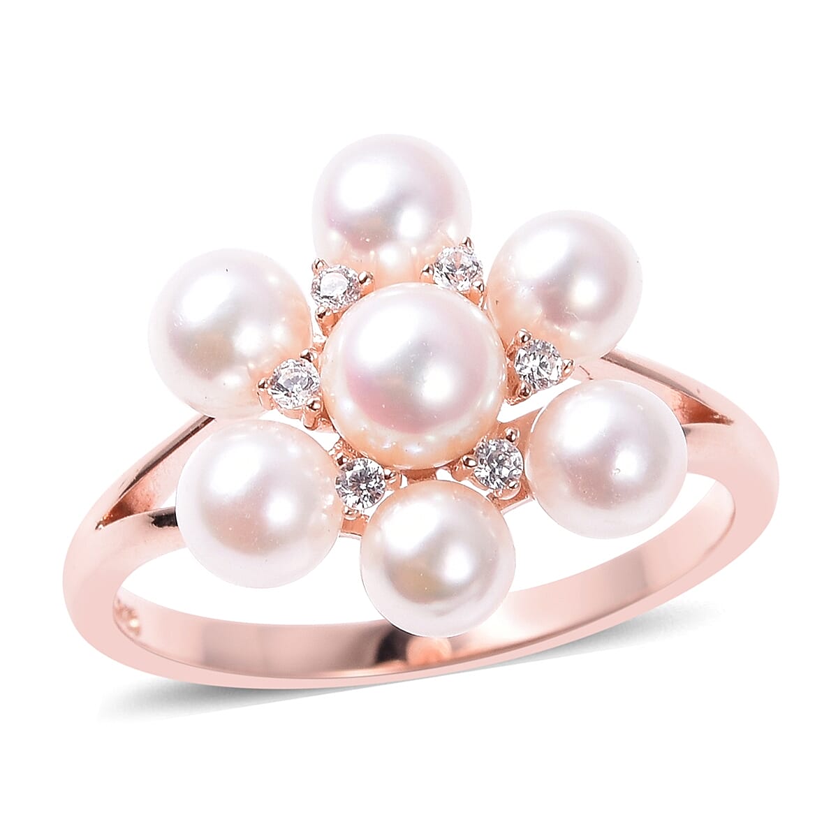 Japanese Akoya Pearl (Rnd), Natural White Cambodian Zircon Floral Ring in Rose Gold Overlay Sterling Silver
