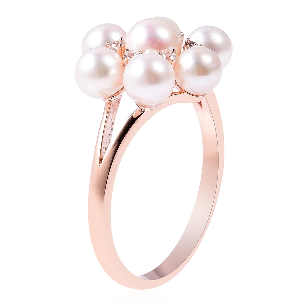 Japanese Akoya Pearl (Rnd), Natural White Cambodian Zircon Floral Ring in Rose Gold Overlay Sterling Silver