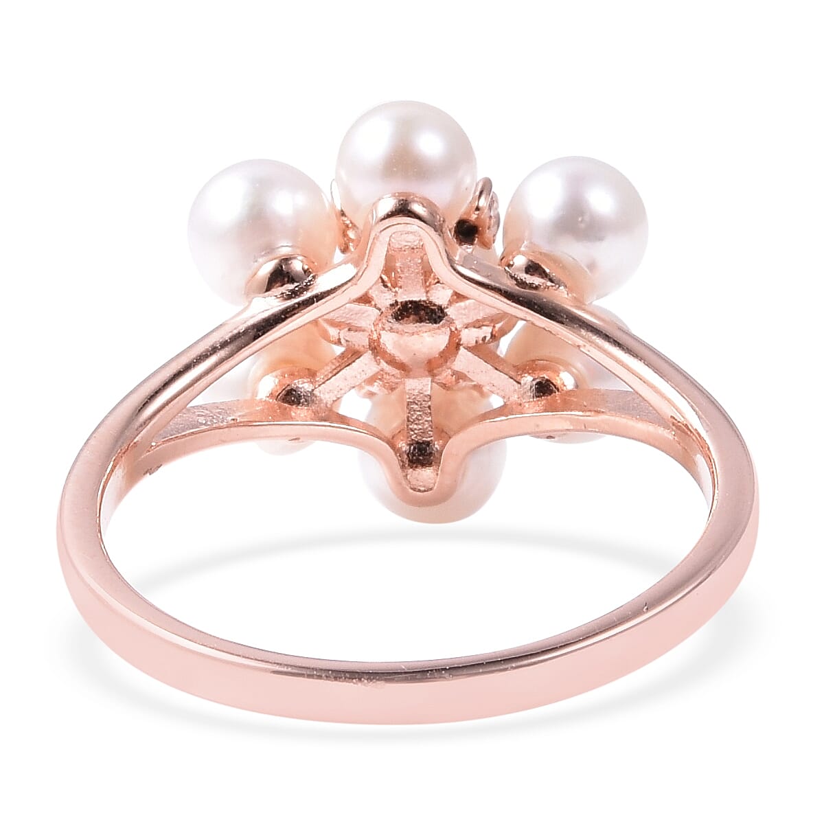Japanese Akoya Pearl (Rnd), Natural White Cambodian Zircon Floral Ring in Rose Gold Overlay Sterling Silver