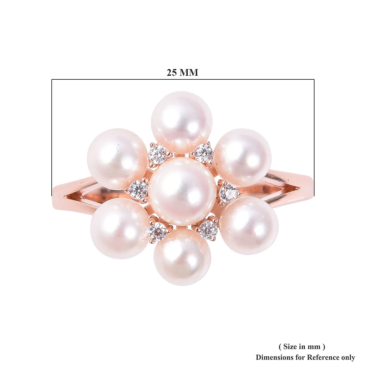 Japanese Akoya Pearl (Rnd), Natural White Cambodian Zircon Floral Ring in Rose Gold Overlay Sterling Silver