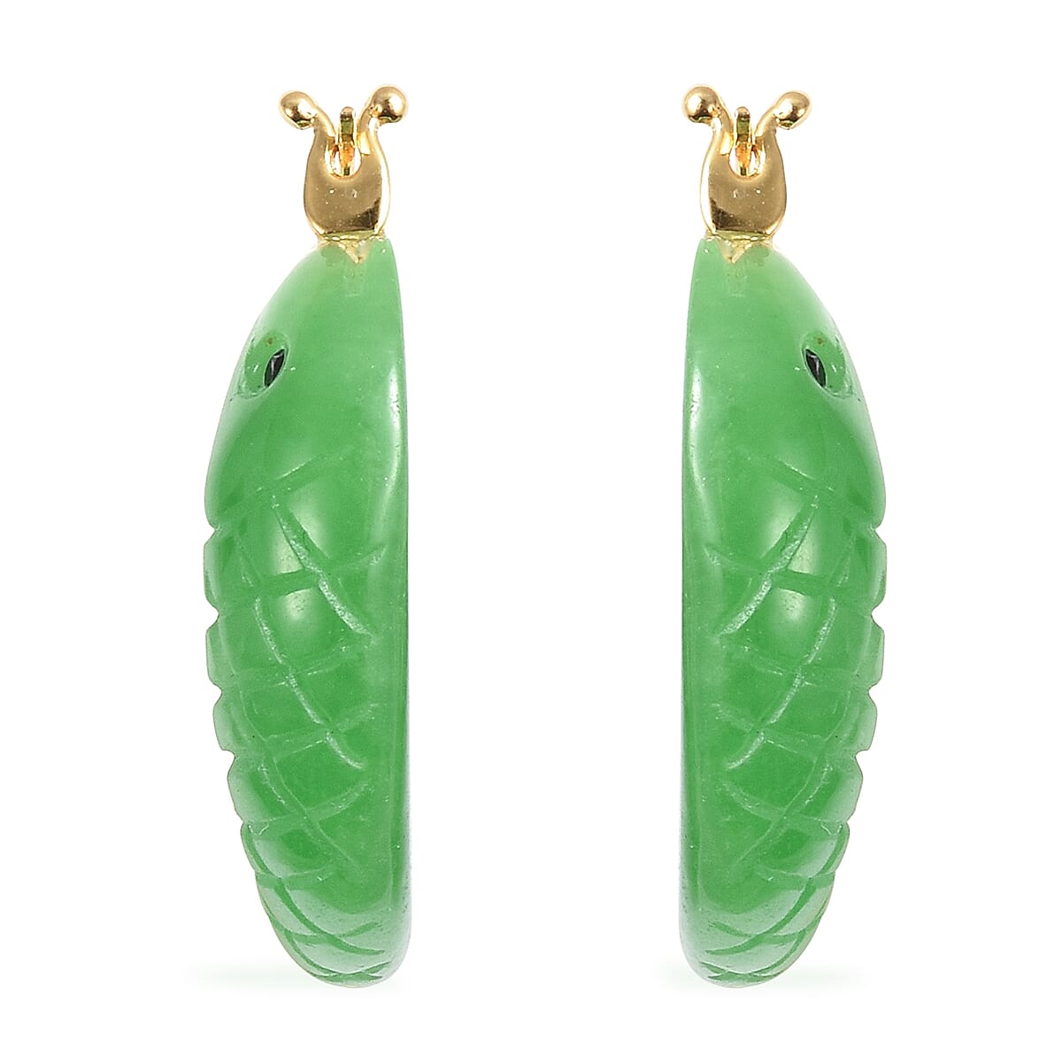 Serpent Green Jade Hoop Earrings (with Clasp) in Yellow Gold Overlay Sterling Silver
