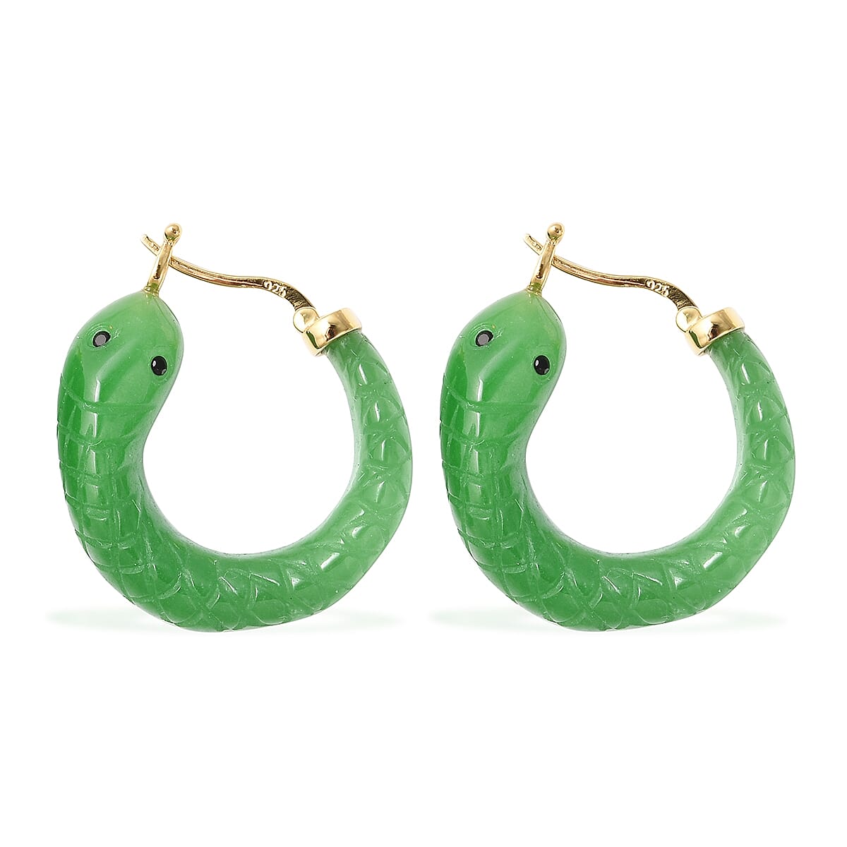 Serpent Green Jade Hoop Earrings (with Clasp) in Yellow Gold Overlay Sterling Silver