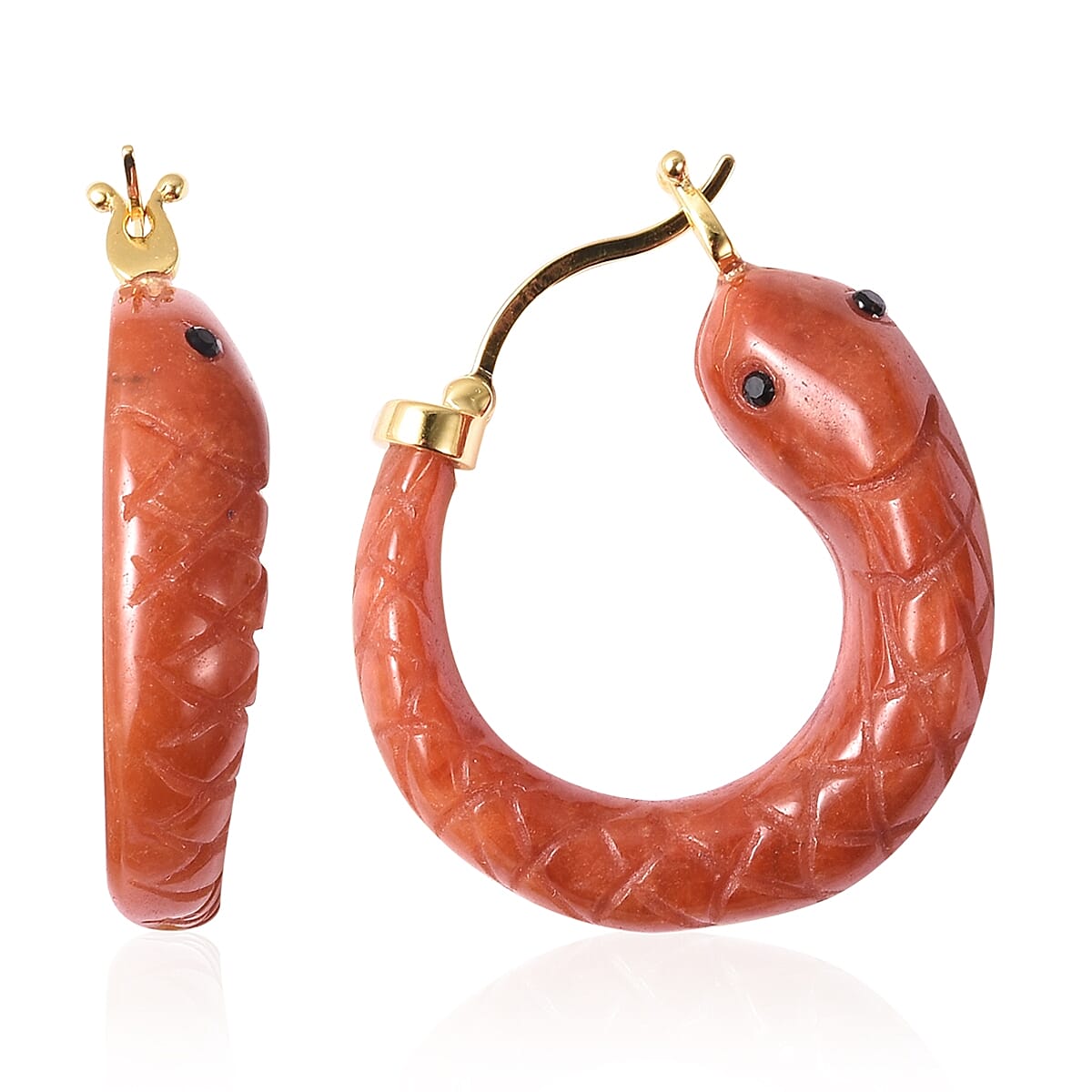 Snake Carved Red Jade Hoop Earrings (with Clasp) in Yellow Gold Overlay Sterling Silver 48.00 Ct.