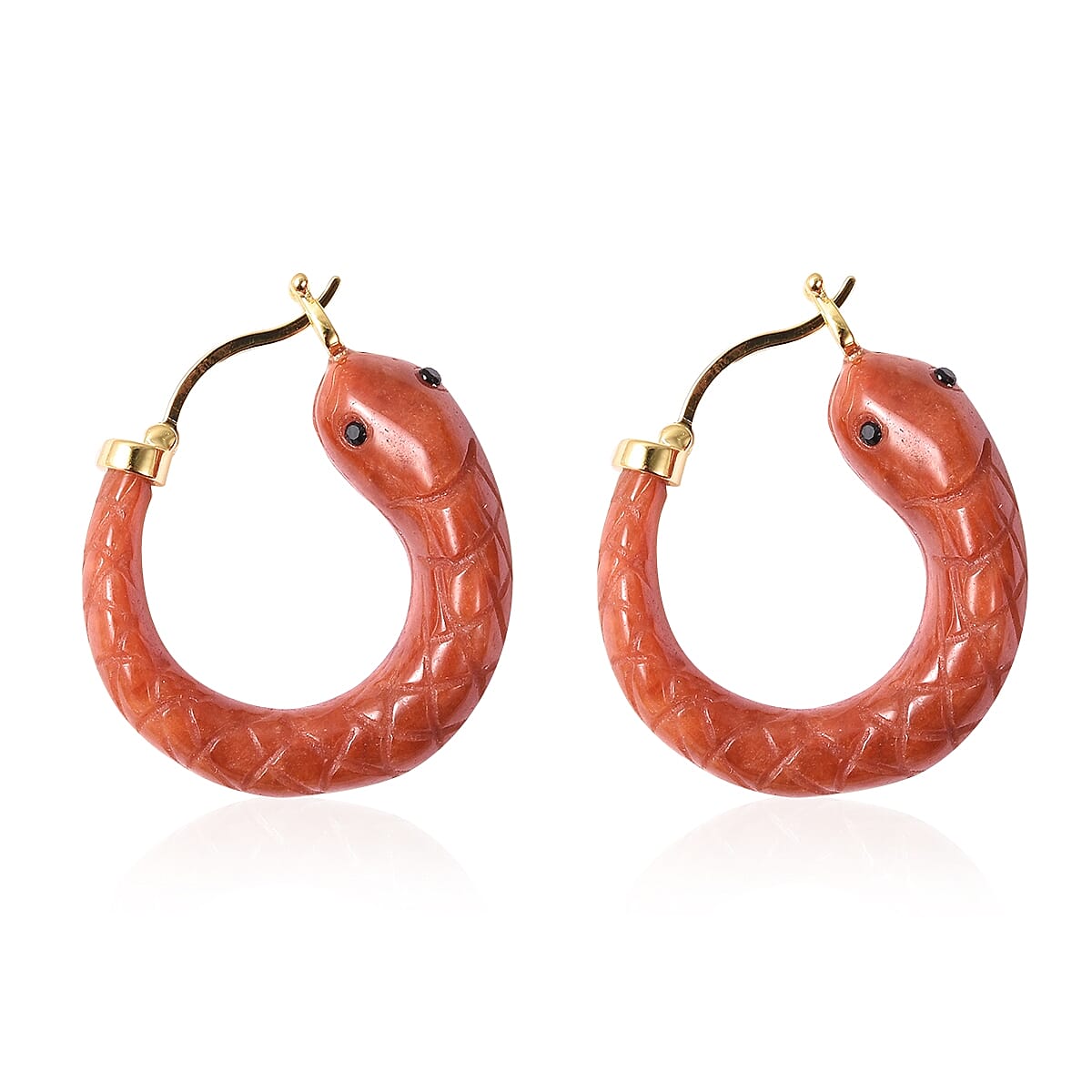 Snake Carved Red Jade Hoop Earrings (with Clasp) in Yellow Gold Overlay Sterling Silver 48.00 Ct.