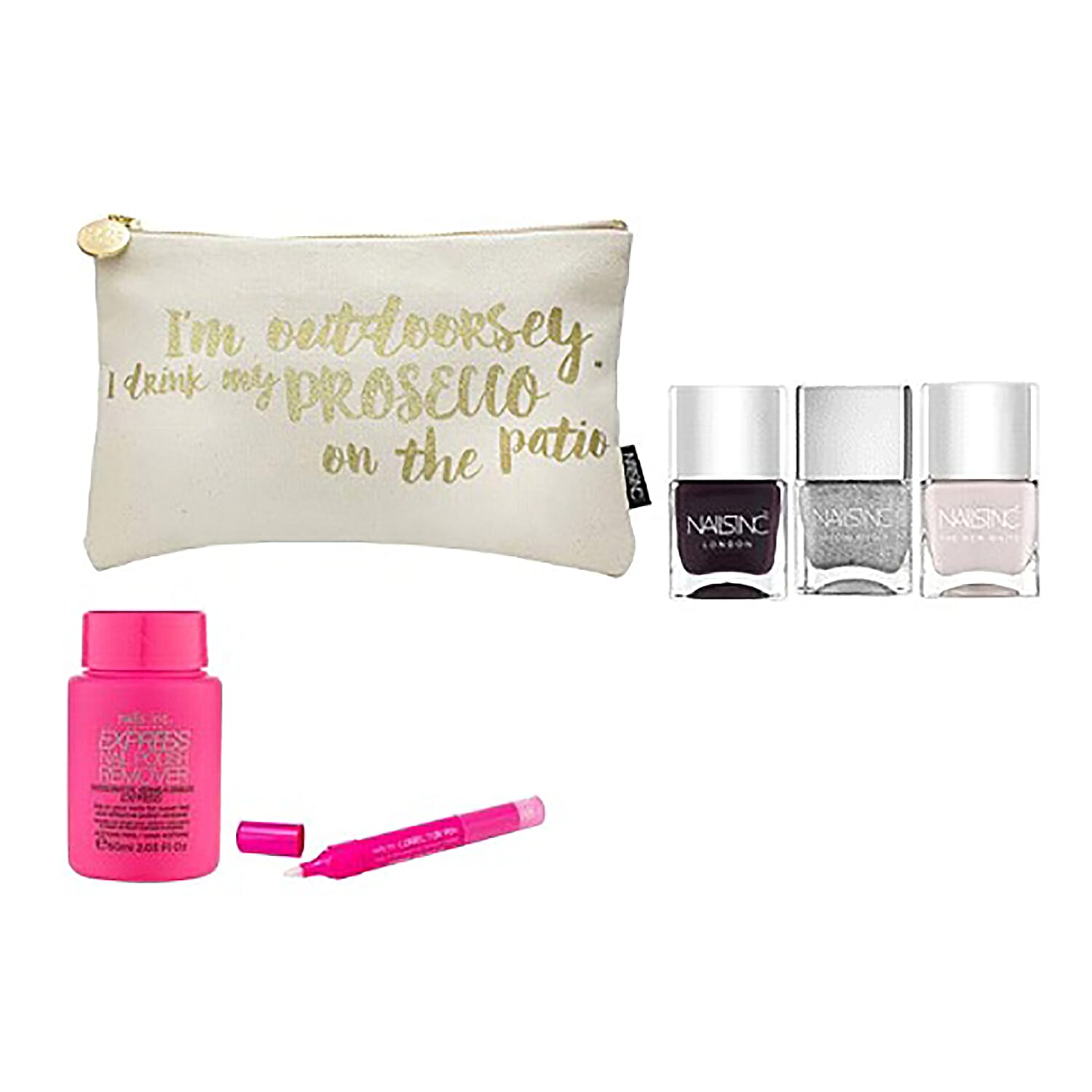 Nails Inc: Nails Inc: Sloane Mews - 14ml, Electric Avenue - 14ml & White Horse St. - 14ml, Nail Polish Remover Pot & Corrector Pen in a Canvas Pouch