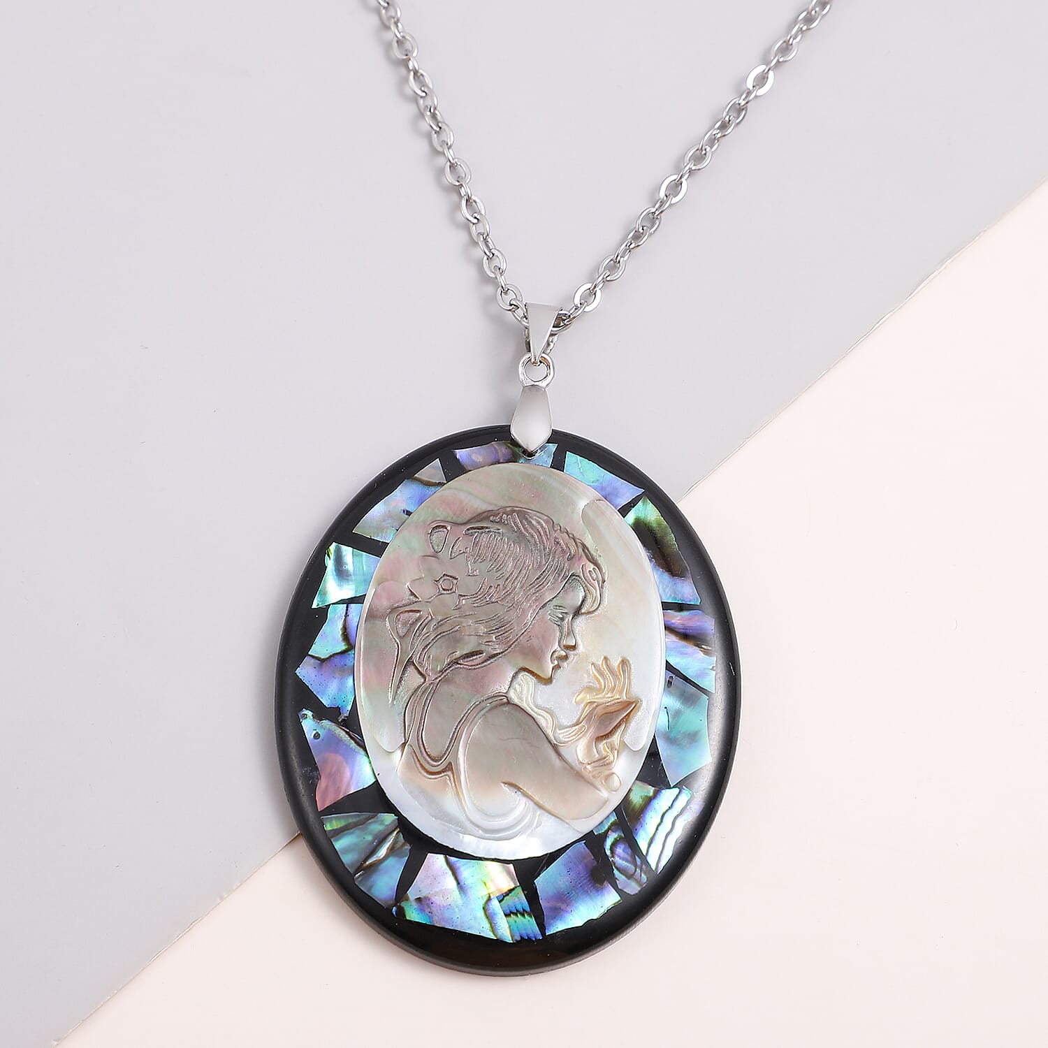 Cameo (Ovl), Abalone Shell Pendant with Chain (Size 24) in Stainless Steel
