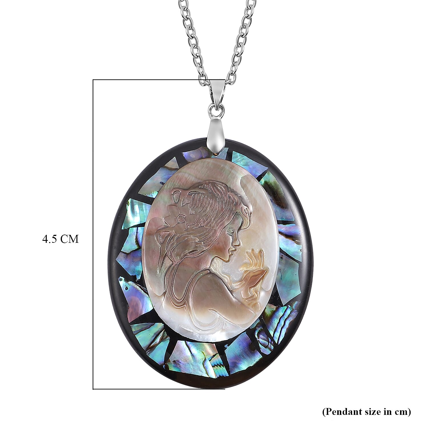 Cameo (Ovl), Abalone Shell Pendant with Chain (Size 24) in Stainless Steel