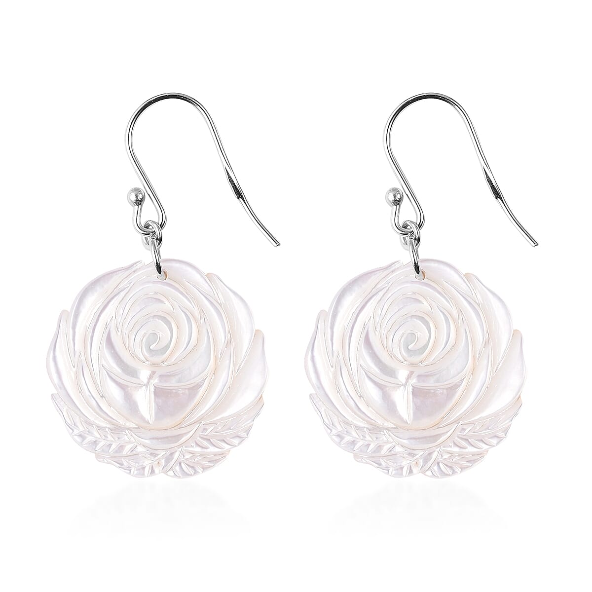 Carved White Mother of Pearl Rose Hook Earrings in Rhodium Overlay Sterling Silver