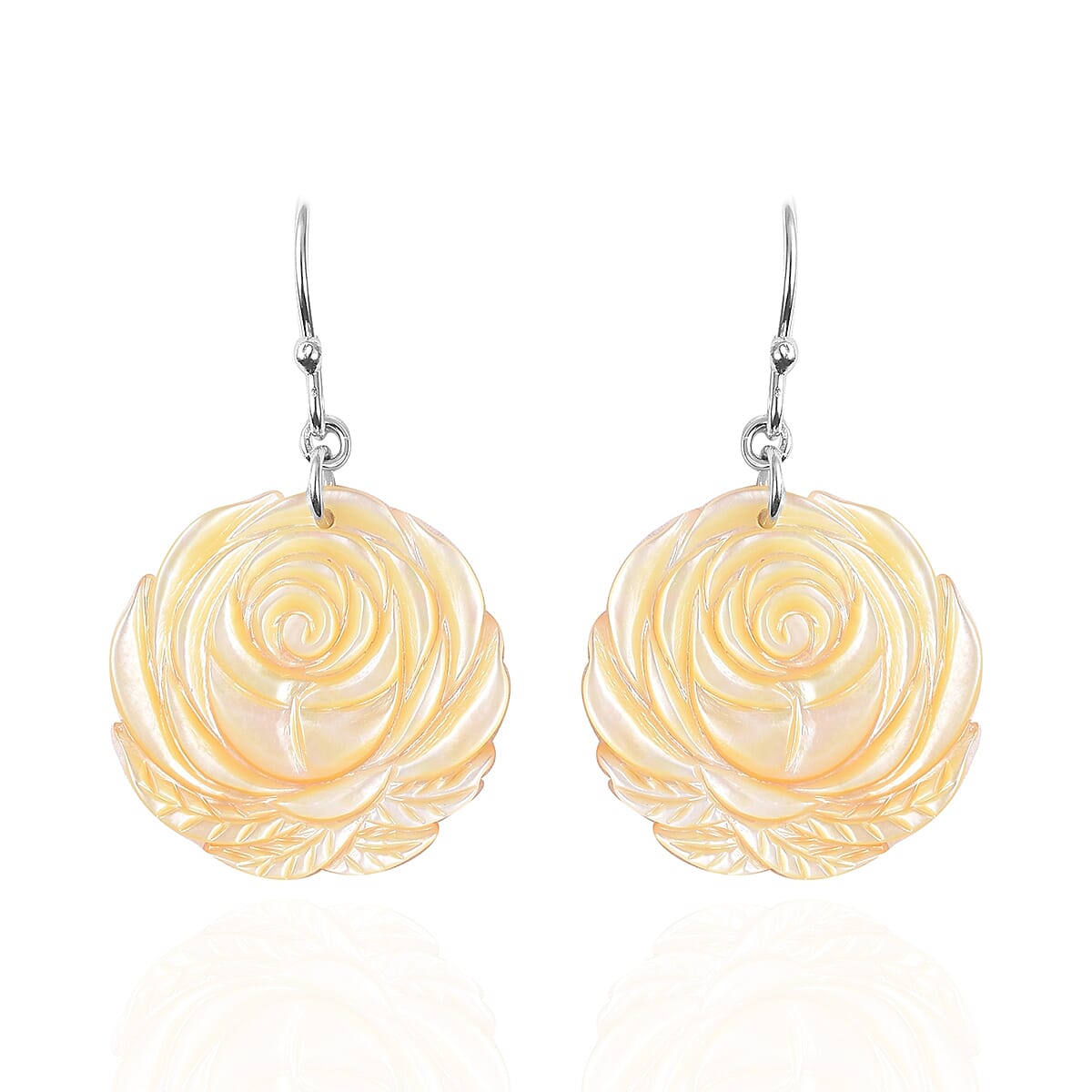Carved Yellow Mother of Pearl Rose Hook Earrings in Rhodium Overlay Sterling Silver
