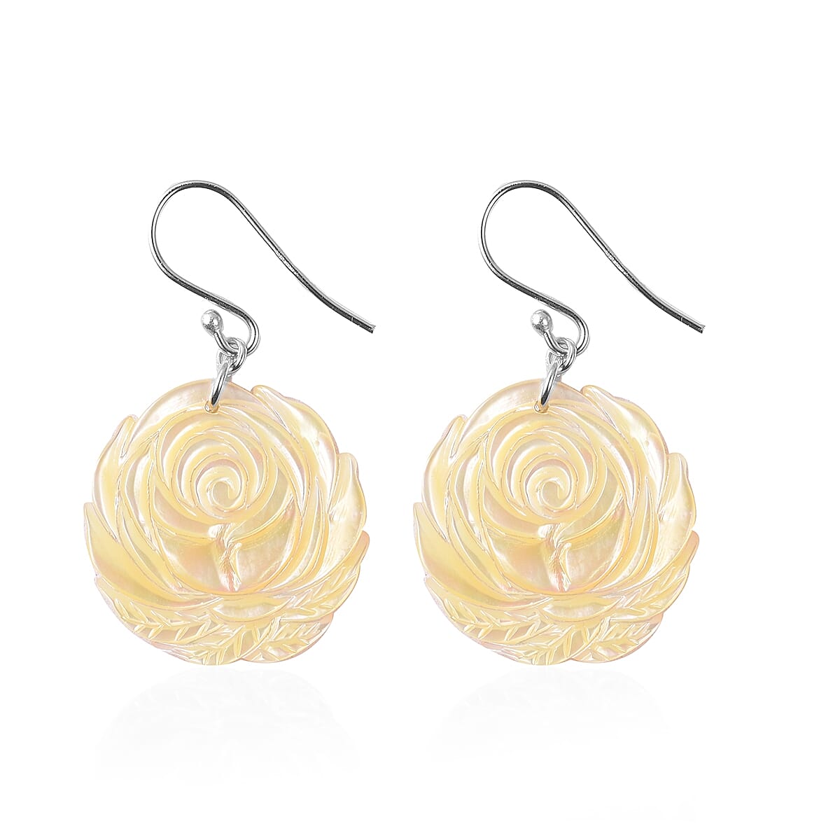 Carved Yellow Mother of Pearl Rose Hook Earrings in Rhodium Overlay Sterling Silver