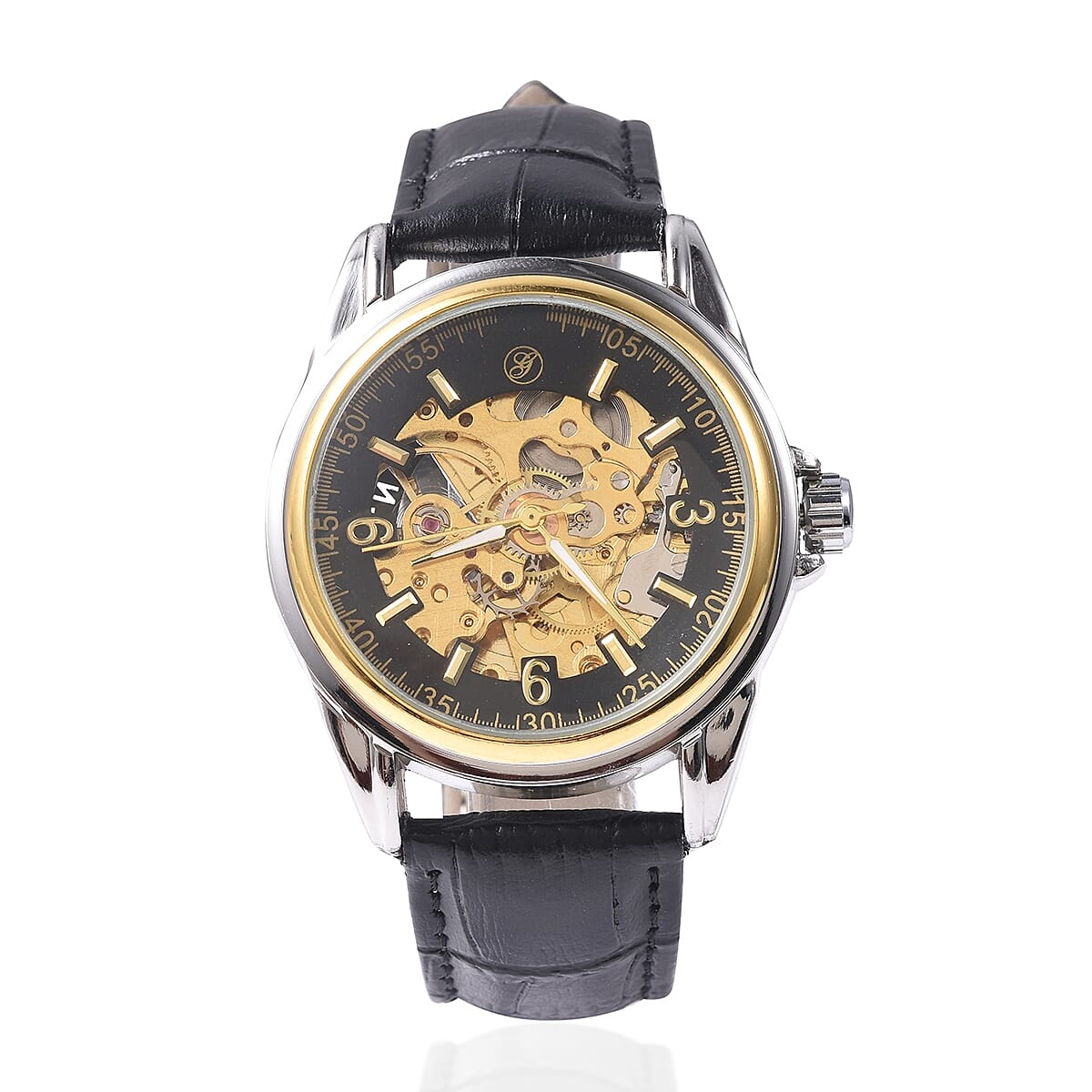 GENOA Automatic Movement Skeleton Water Resistant Watch with Black Leather Strap in Dual Tone