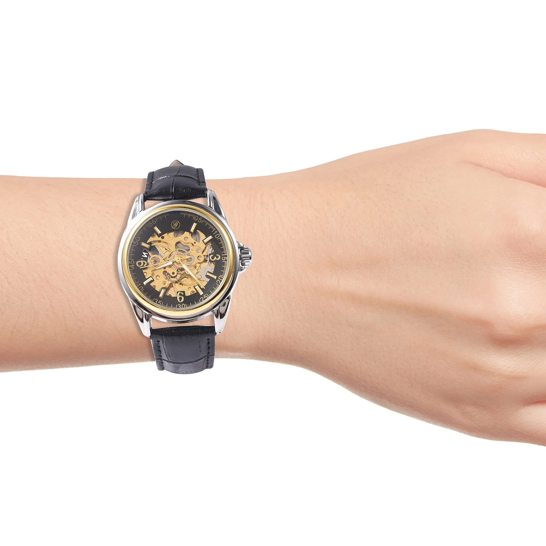 GENOA Automatic Movement Skeleton Water Resistant Watch with Black Leather Strap in Dual Tone