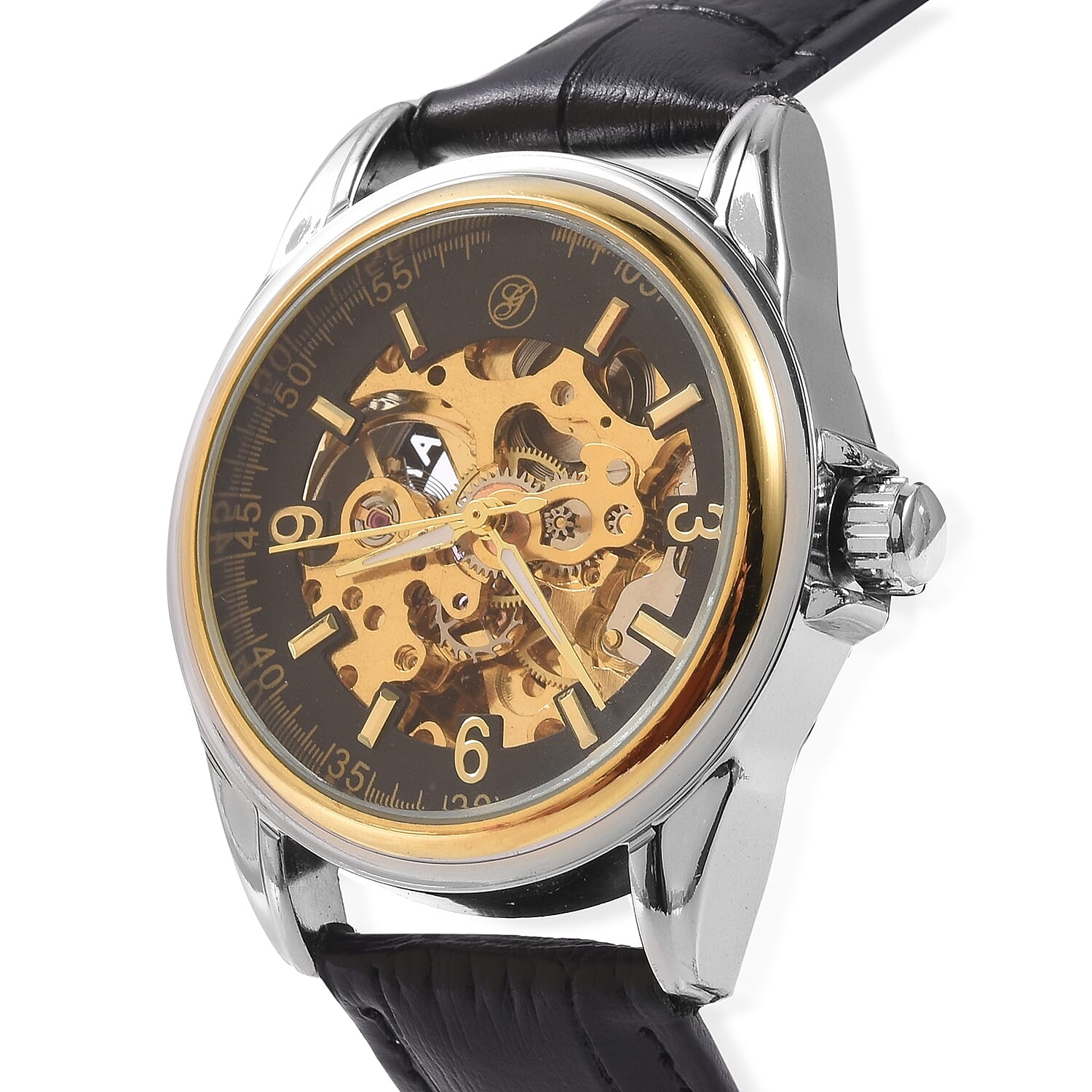 GENOA Automatic Movement Skeleton Water Resistant Watch with Black Leather Strap in Dual Tone
