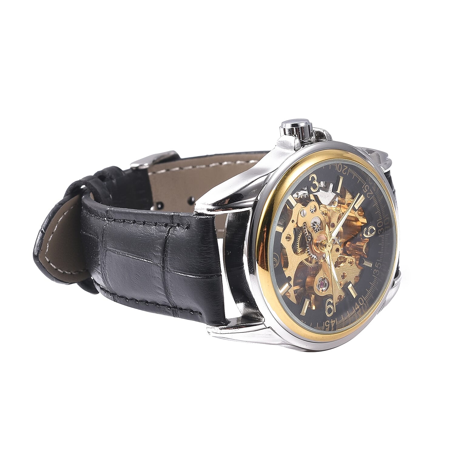 GENOA Automatic Movement Skeleton Water Resistant Watch with Black Leather Strap in Dual Tone