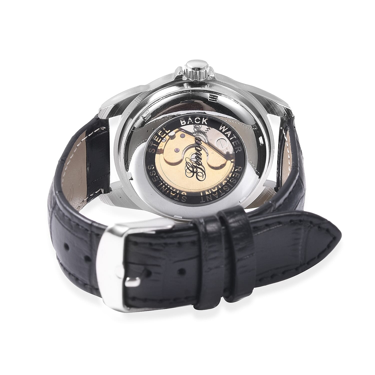 GENOA Automatic Movement Skeleton Water Resistant Watch with Black Leather Strap in Dual Tone