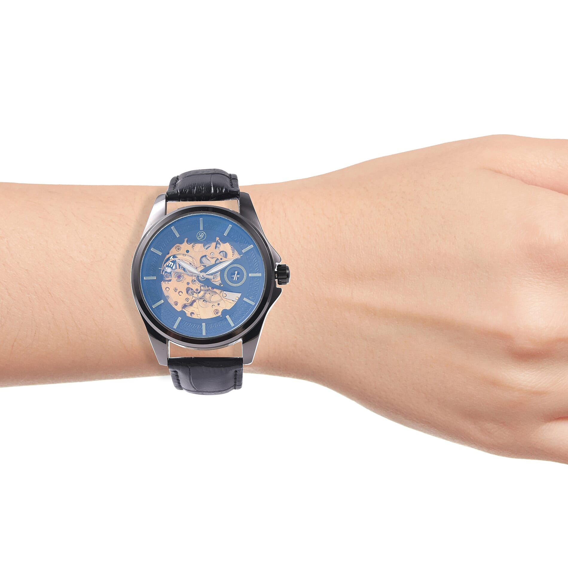 GENOA Automatic Skeleton Water Resistant Watch in Dual Tone with Leather Strap - Black