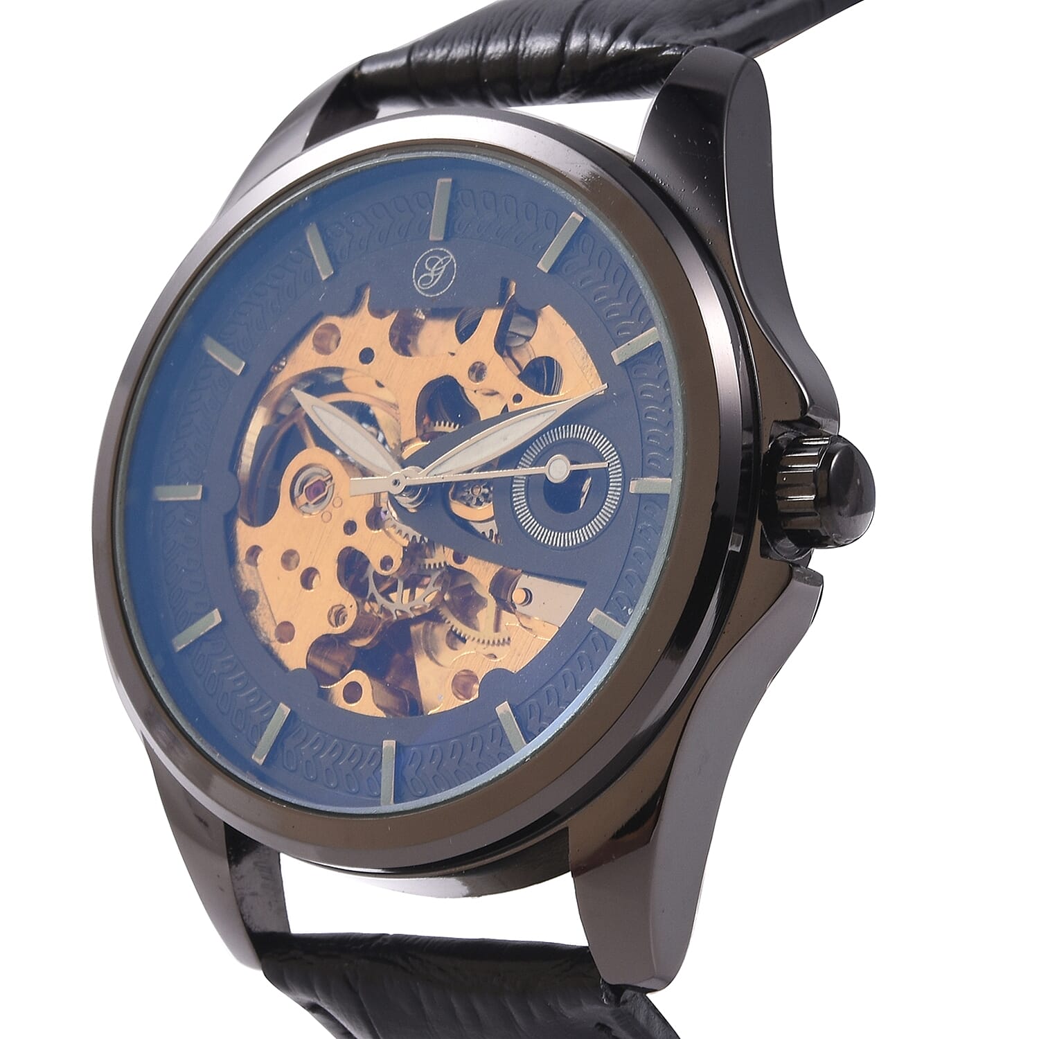 GENOA Automatic Skeleton Water Resistant Watch in Dual Tone with Leather Strap - Black
