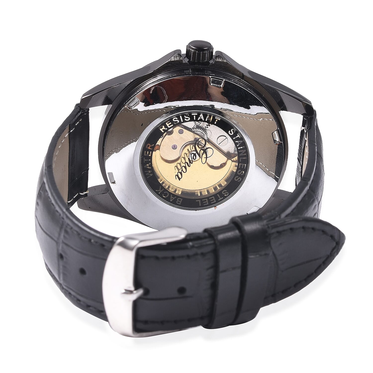 GENOA Automatic Skeleton Water Resistant Watch in Dual Tone with Leather Strap - Black