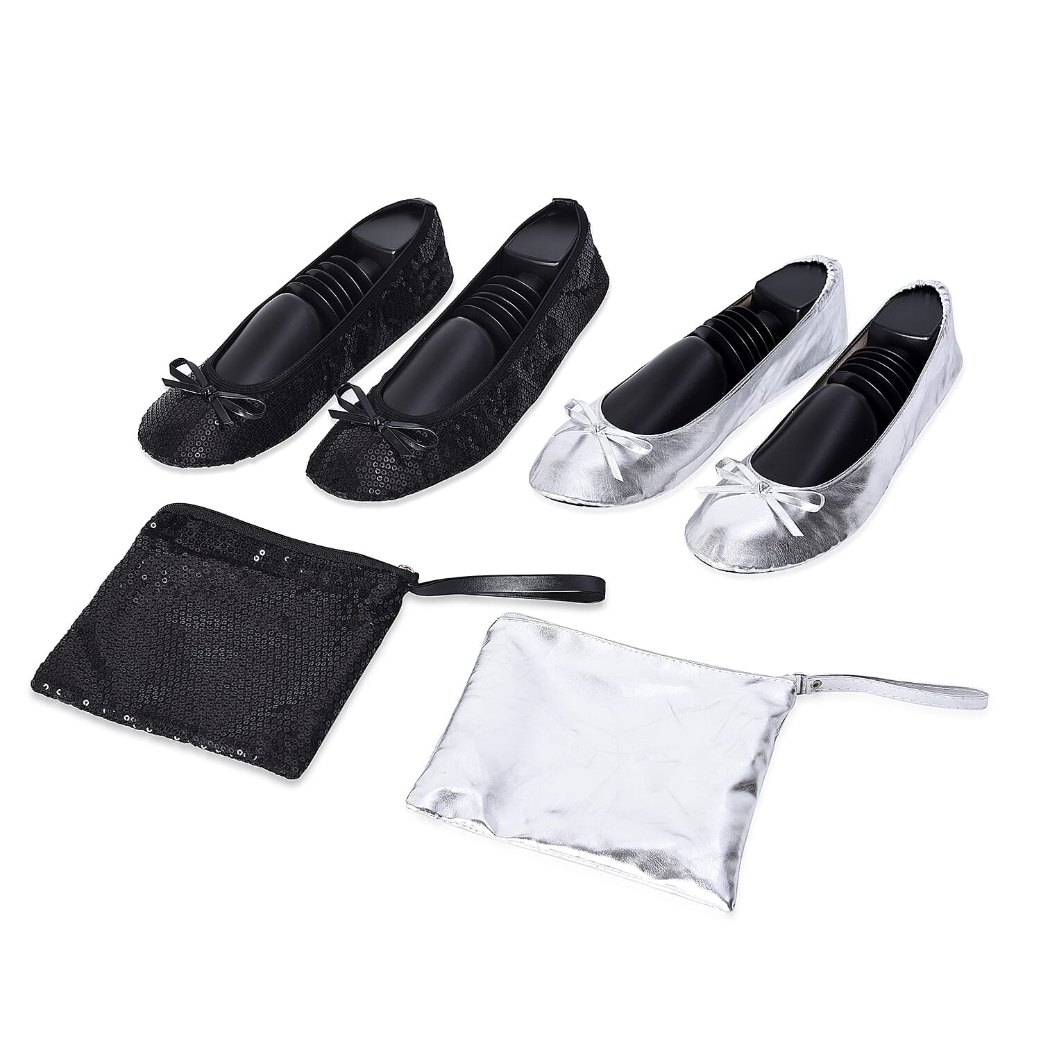 Set of 2 - Foldable Flat Ballet Shoe Each with Zipper Storage Pouch (UK 3-4) - Black and Metallic Silver