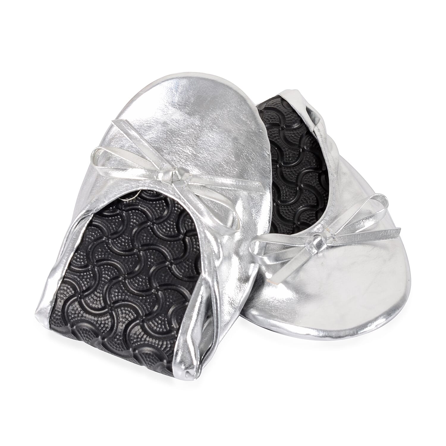 Set of 2 - Foldable Flat Ballet Shoe Each with Zipper Storage Pouch (UK 3-4) - Black and Metallic Silver