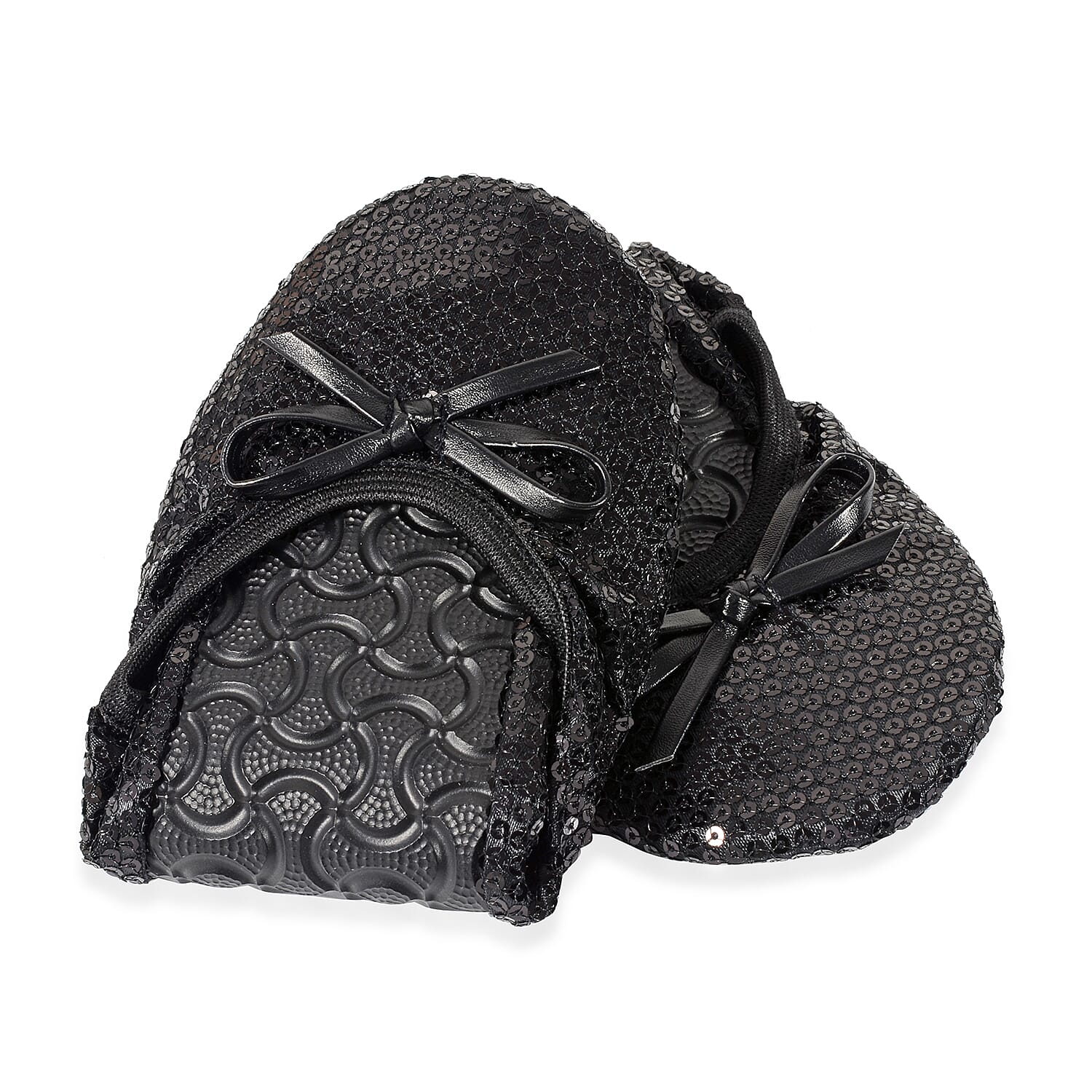 Set of 2 - Foldable Flat Ballet Shoe Each with Zipper Storage Pouch (UK 3-4) - Black and Metallic Silver