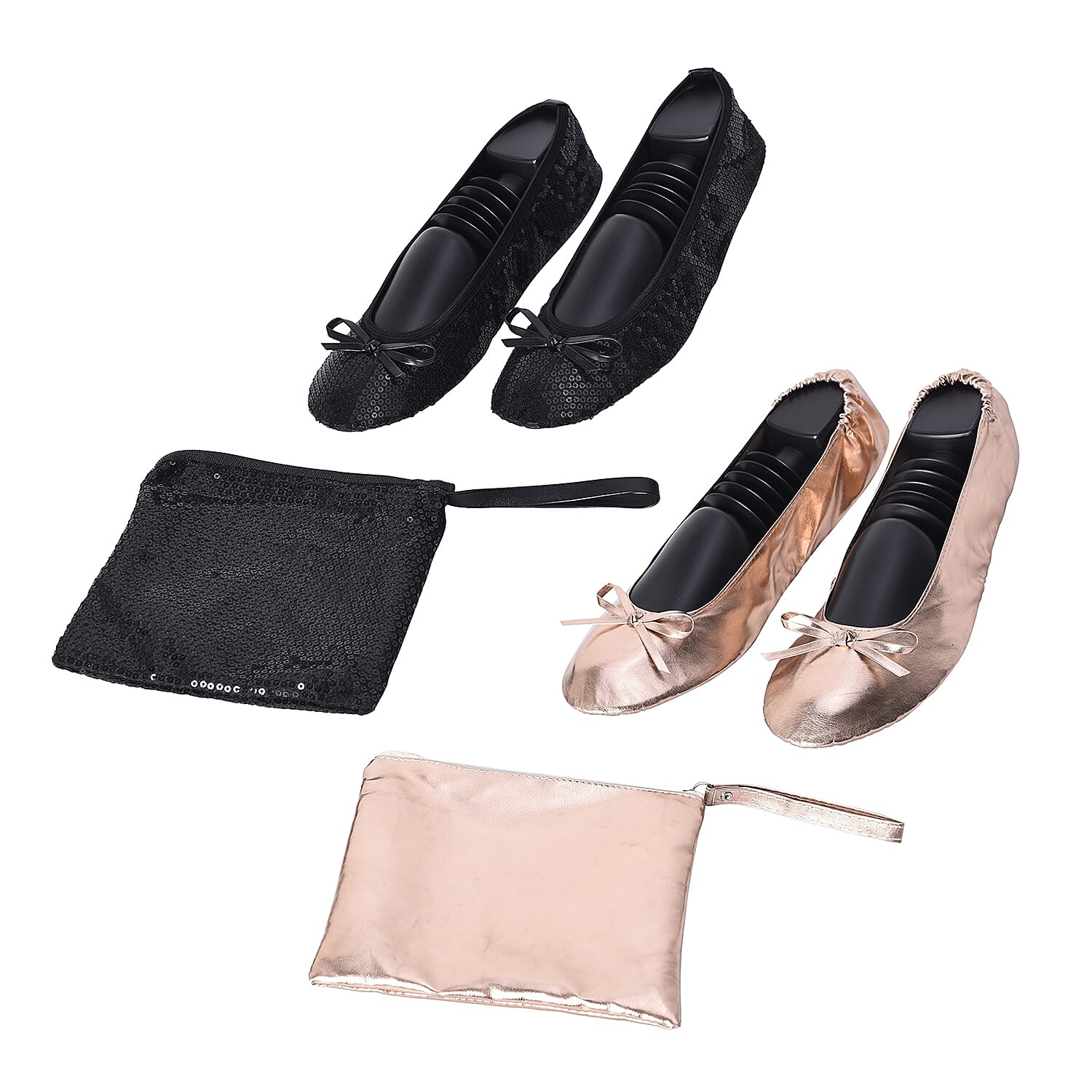 Set of 2 - Foldable Flat Ballet Shoe Each with Zipper Storage Pouch (UK 3-4) - Black and Metallic Rose Gold