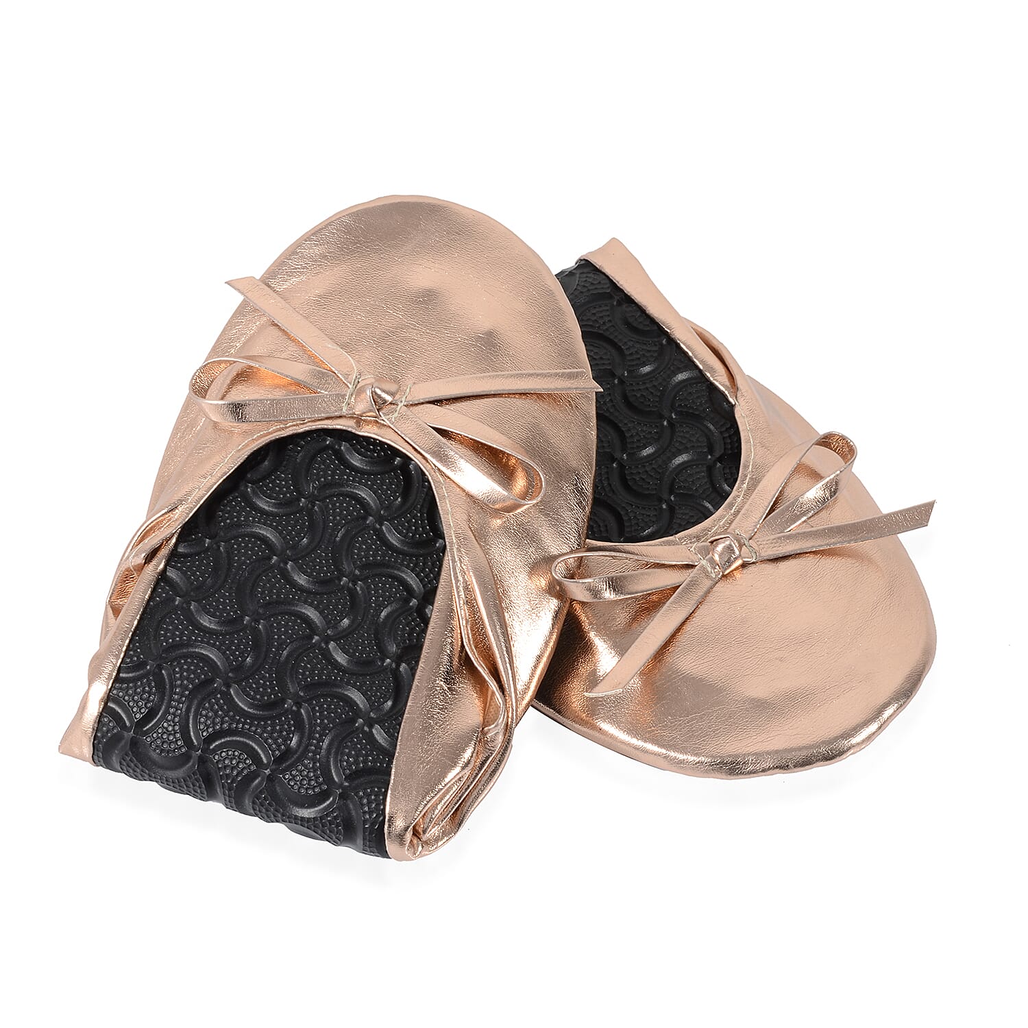 Set of 2 - Foldable Flat Ballet Shoe Each with Zipper Storage Pouch (UK 3-4) - Black and Metallic Rose Gold