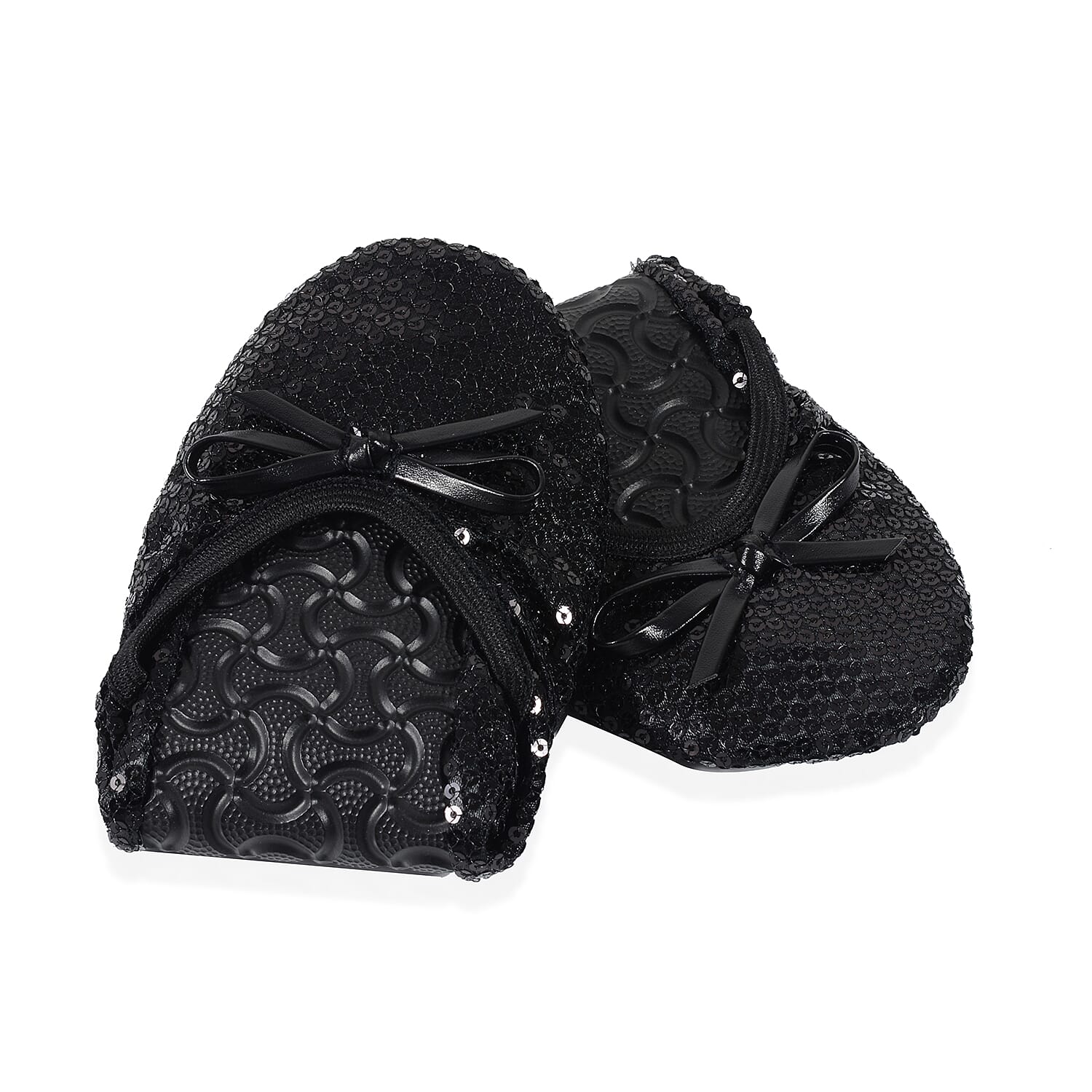 Set of 2 - Foldable Flat Ballet Shoe Each with Zipper Storage Pouch (UK 3-4) - Black and Metallic Rose Gold