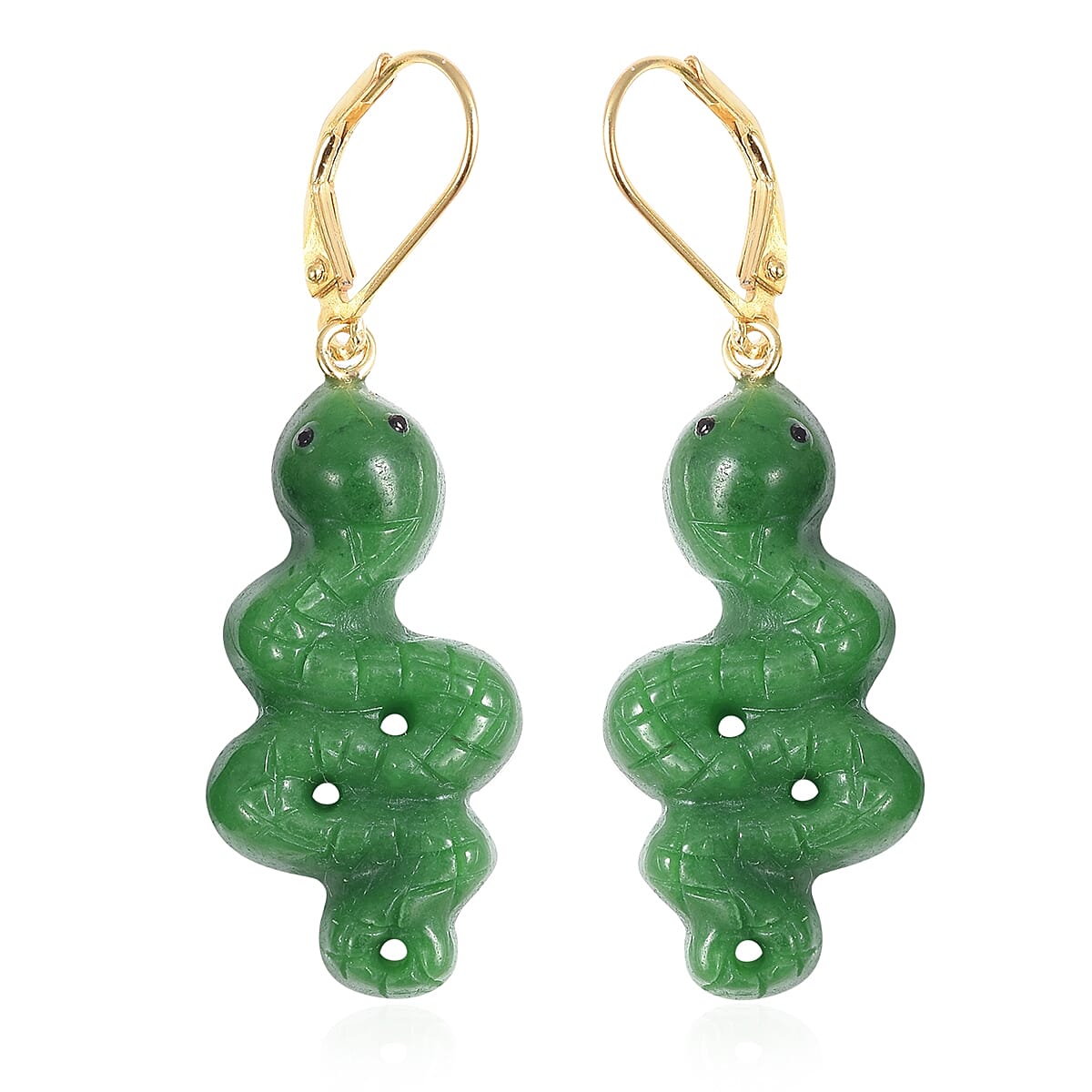 Green Jade Boi Ploi Black Spinel Snake Lever Back Drop Earrings in Yellow Gold Overlay Sterling Silver 35.39 Ct.