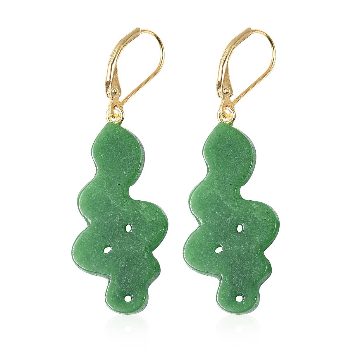 Green Jade Boi Ploi Black Spinel Snake Lever Back Drop Earrings in Yellow Gold Overlay Sterling Silver 35.39 Ct.
