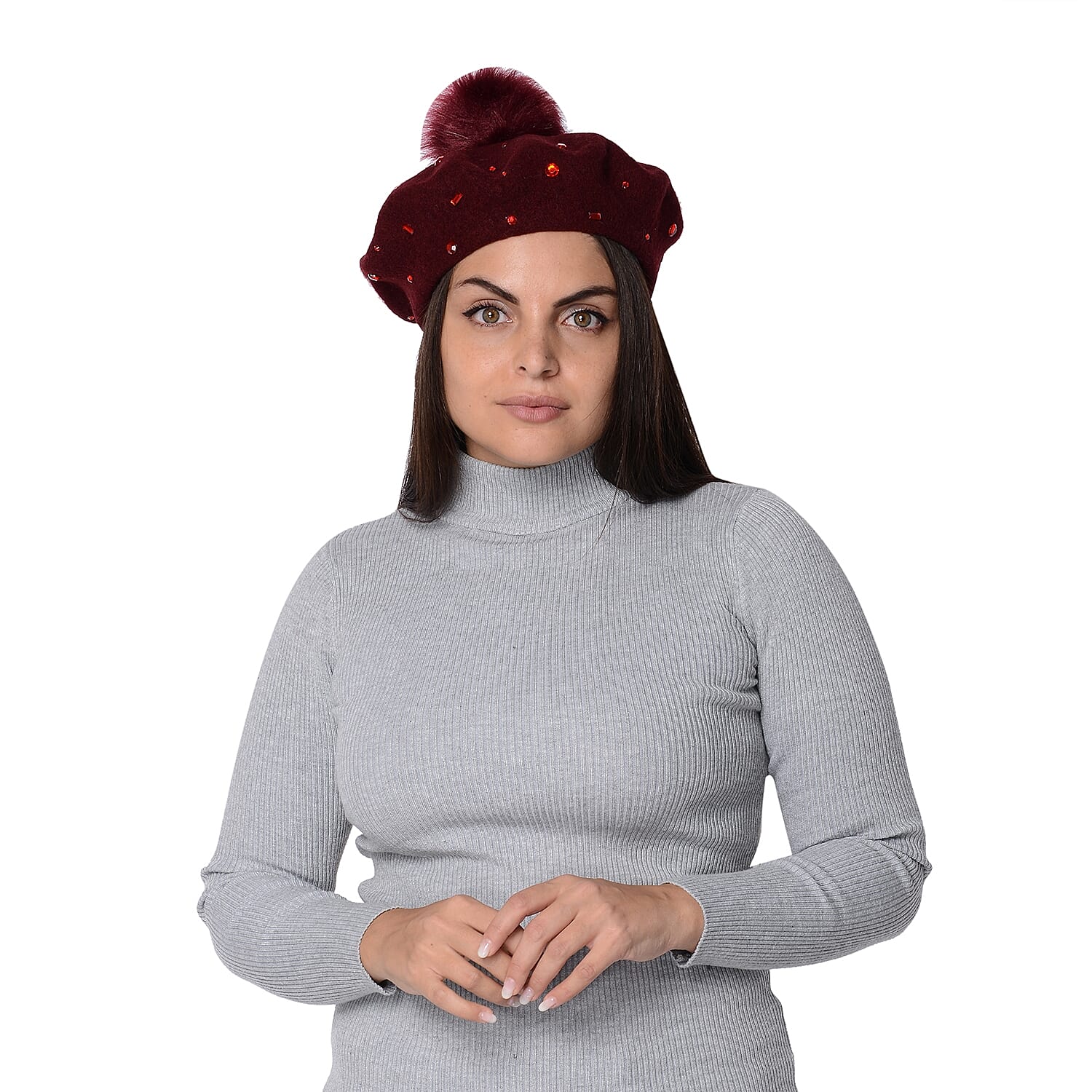 Winter Faux Fur Pompom Hat with beads (Size 52 Cm) - Wine