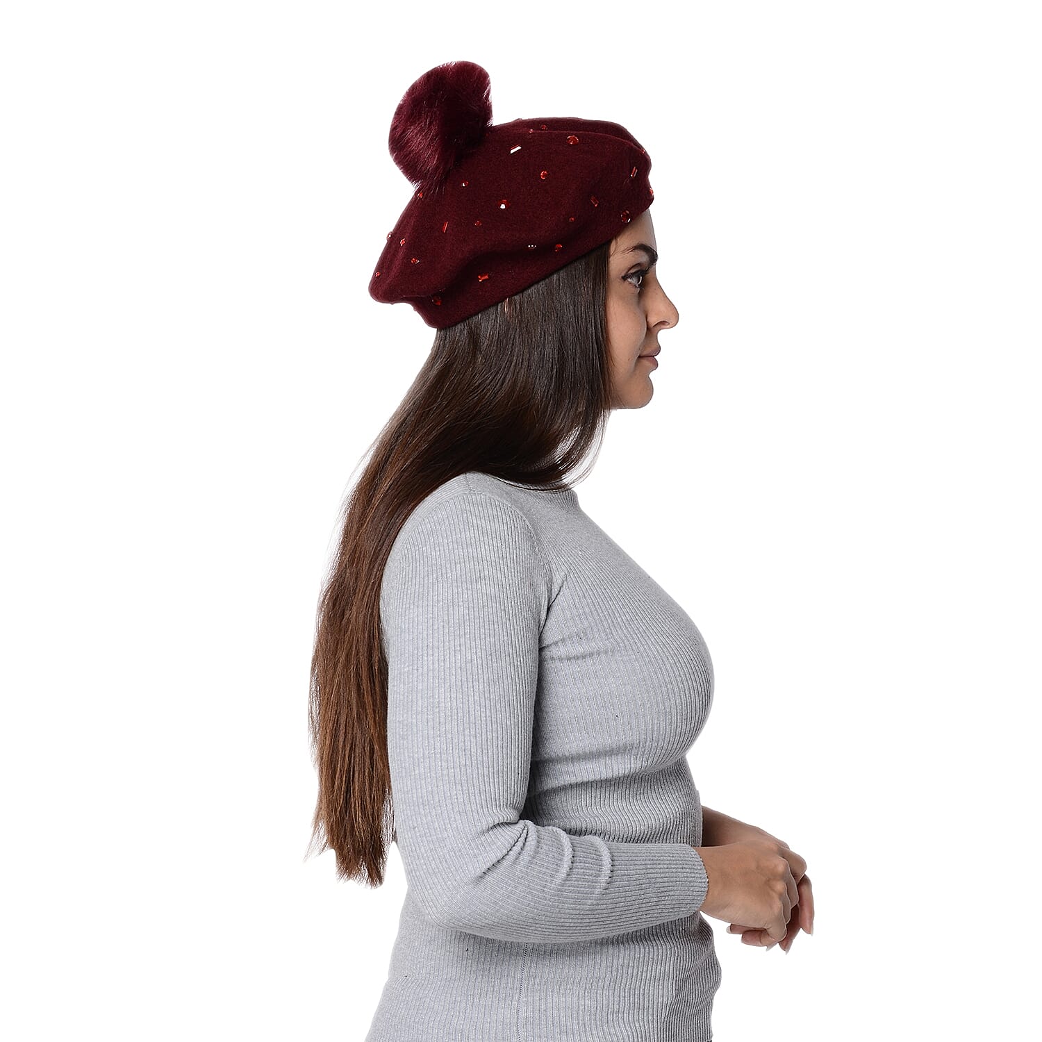 Winter Faux Fur Pompom Hat with beads (Size 52 Cm) - Wine