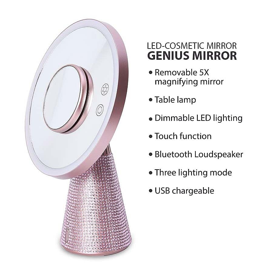 3-in-1 Lighted Makeup Mirror with Bluetooth Speaker, Removable Magnifying Mirror and Table Lamp in 3 Colour LED Lights - Rose Pink