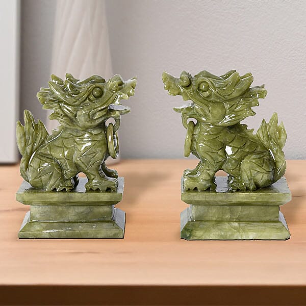 Set of 2 - Handcrafted Serpentine Decorative Pixiu Figurine (Size 7.5X4X11.5 Cm) - Green