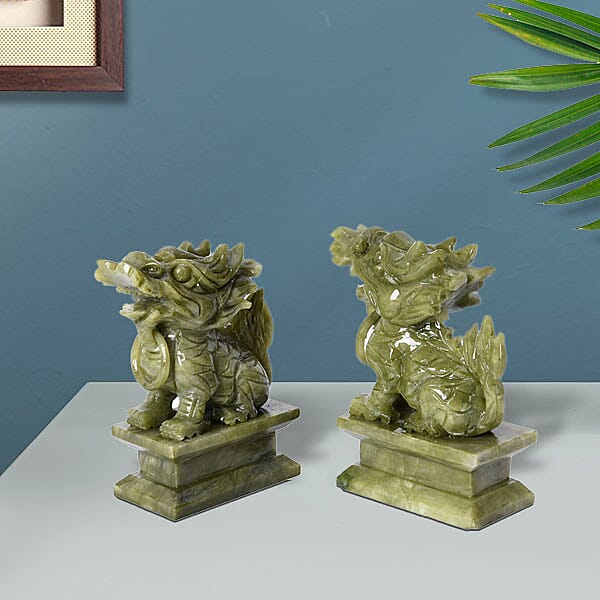 Set of 2 - Handcrafted Serpentine Decorative Pixiu Figurine (Size 7.5X4X11.5 Cm) - Green