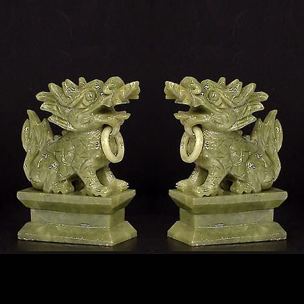 Set of 2 - Handcrafted Serpentine Decorative Pixiu Figurine (Size 7.5X4X11.5 Cm) - Green