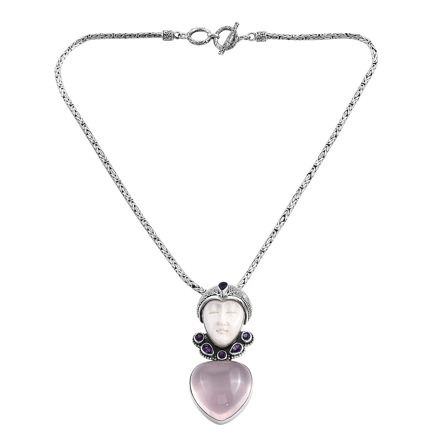 Princess Bali Collection OX Bone Carved Face, Rose Quartz and Amethyst Pendant in Sterling Silver 89.851 Ct.Silver Wt 15.00 Gm