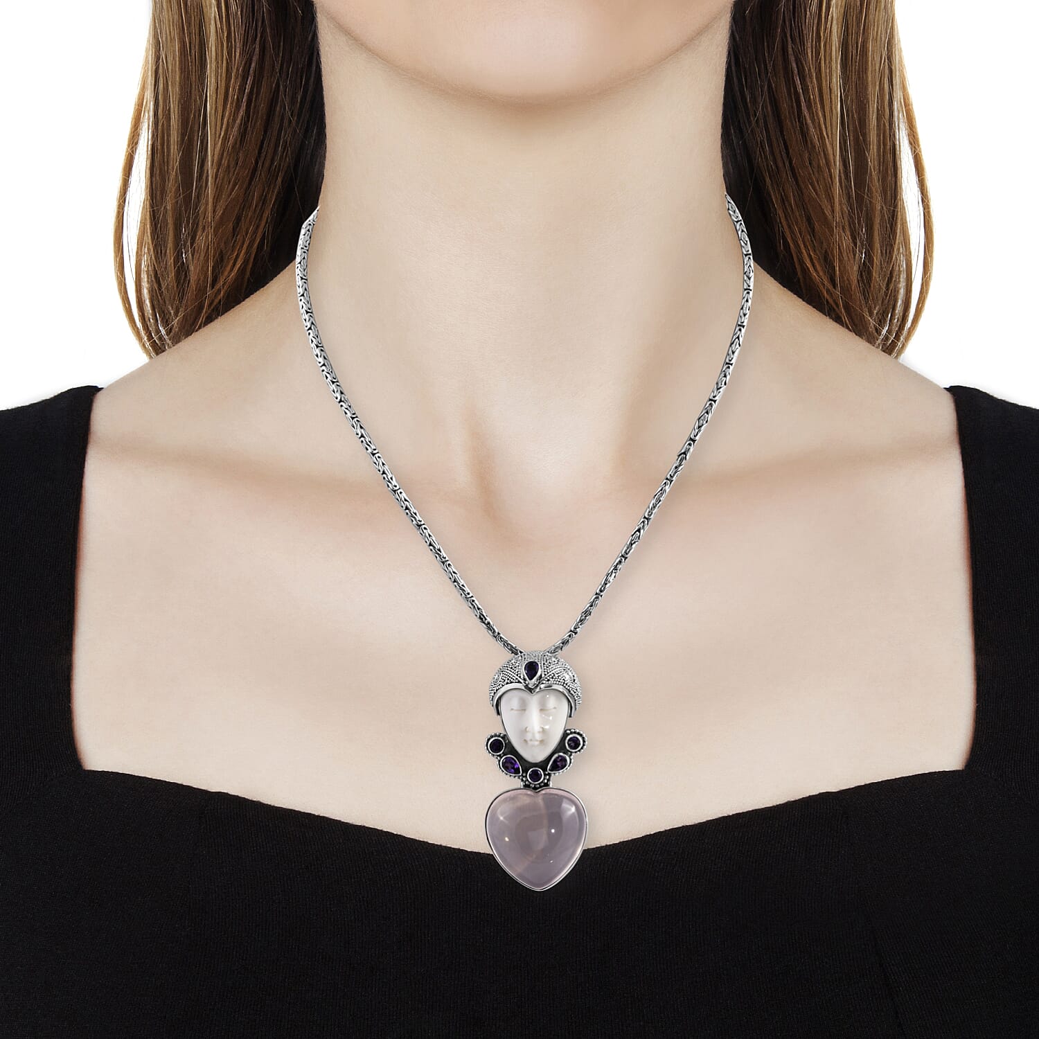 Princess Bali Collection OX Bone Carved Face, Rose Quartz and Amethyst Pendant in Sterling Silver 89.851 Ct.Silver Wt 15.00 Gm