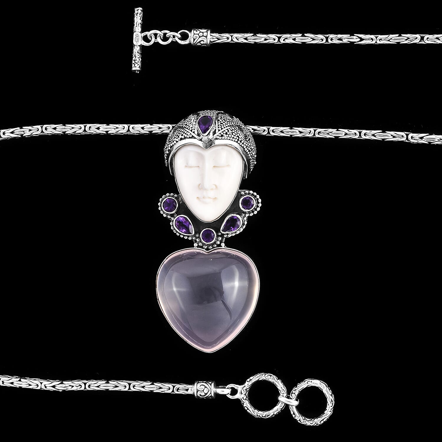Princess Bali Collection OX Bone Carved Face, Rose Quartz and Amethyst Pendant in Sterling Silver 89.851 Ct.Silver Wt 15.00 Gm